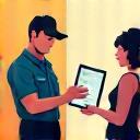 Mechanic talking to customer with tablet