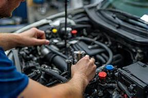 Mechanic performing air conditioning service on car