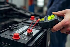 Mechanic testing car battery with a tool