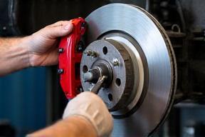 Close up of mechanic replacing brake pads